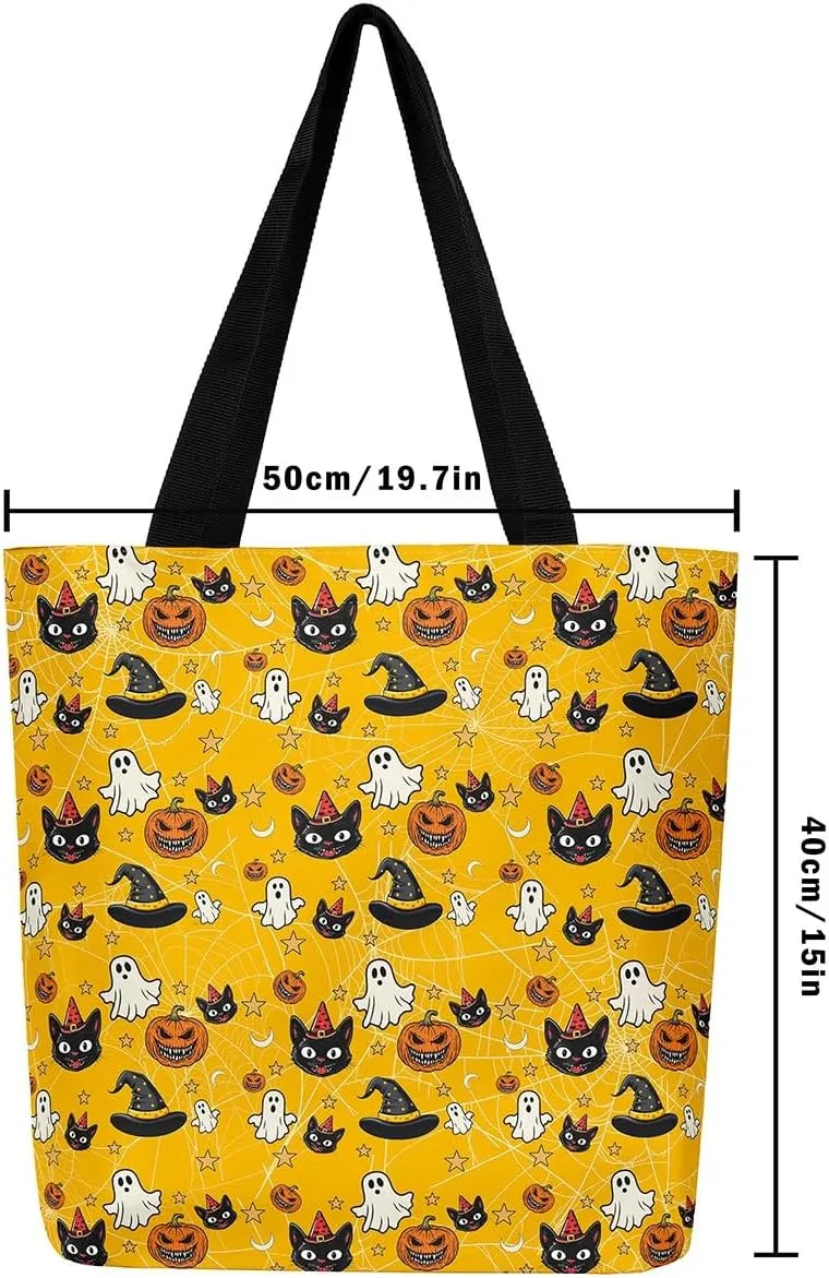 Halloween Decor Canvas Tote Bag,Pumpkin Lantern Shoulder Bag Reversible Shopping Grocery Bags for Camping
