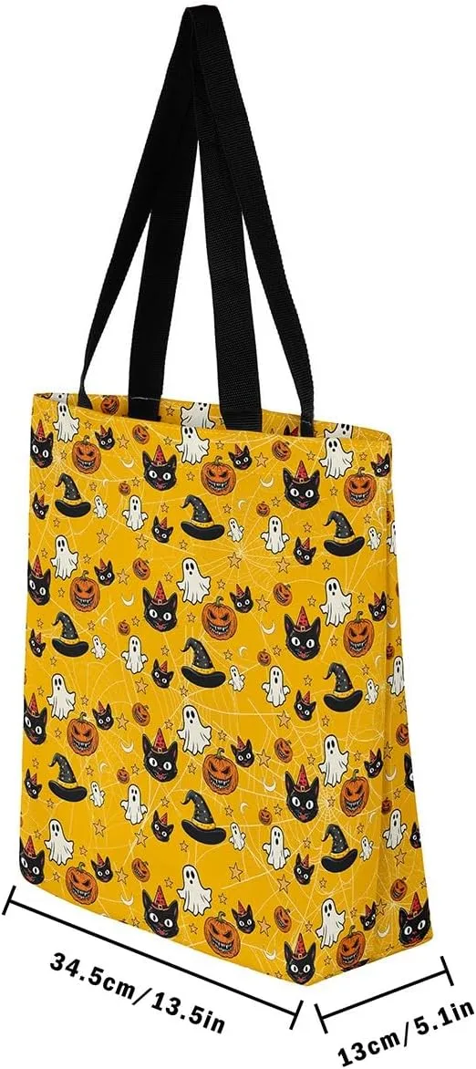 Halloween Decor Canvas Tote Bag,Pumpkin Lantern Shoulder Bag Reversible Shopping Grocery Bags for Camping