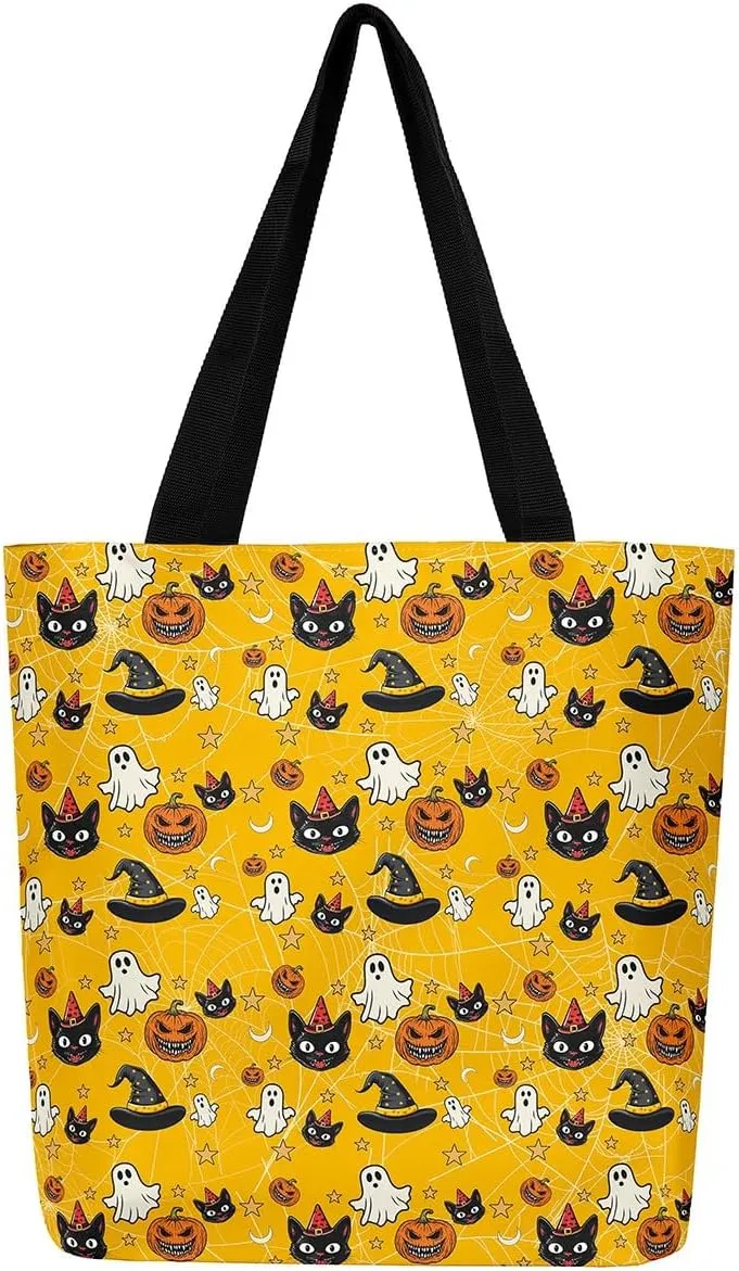 Halloween Decor Canvas Tote Bag,Pumpkin Lantern Shoulder Bag Reversible Shopping Grocery Bags for Camping