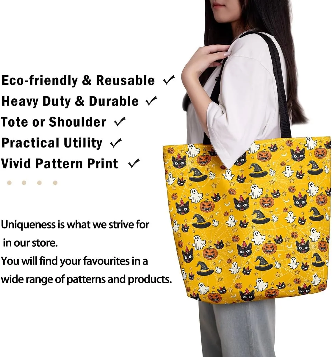 Halloween Decor Canvas Tote Bag,Pumpkin Lantern Shoulder Bag Reversible Shopping Grocery Bags for Camping