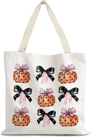 Halloween Tote Bag,Coquette Bow Fall Pumpkin Halloween Goth Tote Bags for Women,Reusable Grocery Bags