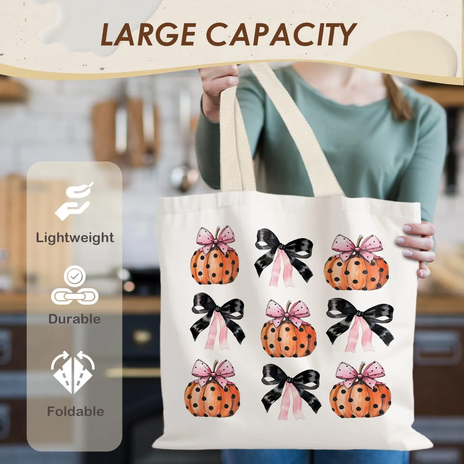 Halloween Tote Bag,Coquette Bow Fall Pumpkin Halloween Goth Tote Bags for Women,Reusable Grocery Bags