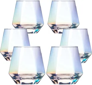 Hand Blown Stemless Wine Glasses Set of 6 – 10 oz Crystal Red Wine Glass – Premium Iridescent Diamond Shaped Drinking Glasses in Gift Box – Unique Gift for Wedding, Anniversary, Mother's Day
