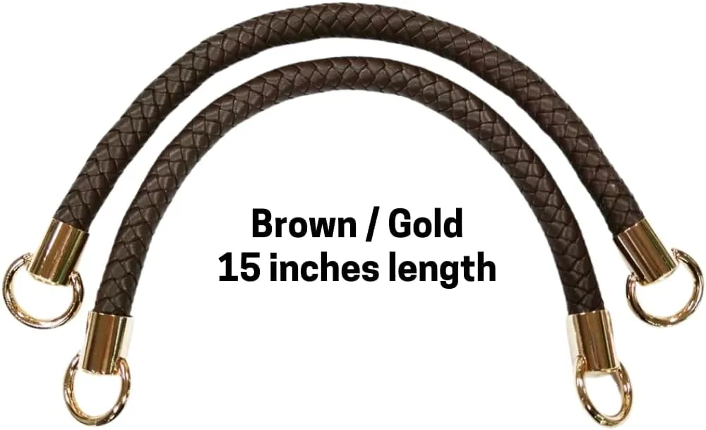 Handbag Handles with Braided Leather Strap – 15-inch PU Leather Twisted Rope Handle with Rings for Bags, Tote, Purse – Strong and Stylish (Brown/Gold)