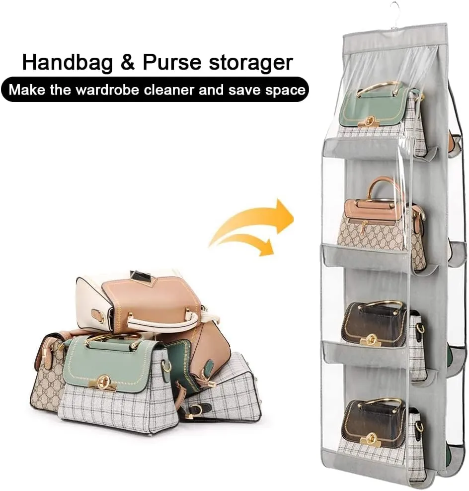 Handbag Purse Organizer, Enlarged 8 Pockets Upgrade Dust Proof Purse Organizer Closet, Wardrobe Closet Organizer, Washable Handbag Organizer for Women Handbags Purse (Gray 8 Pocket)