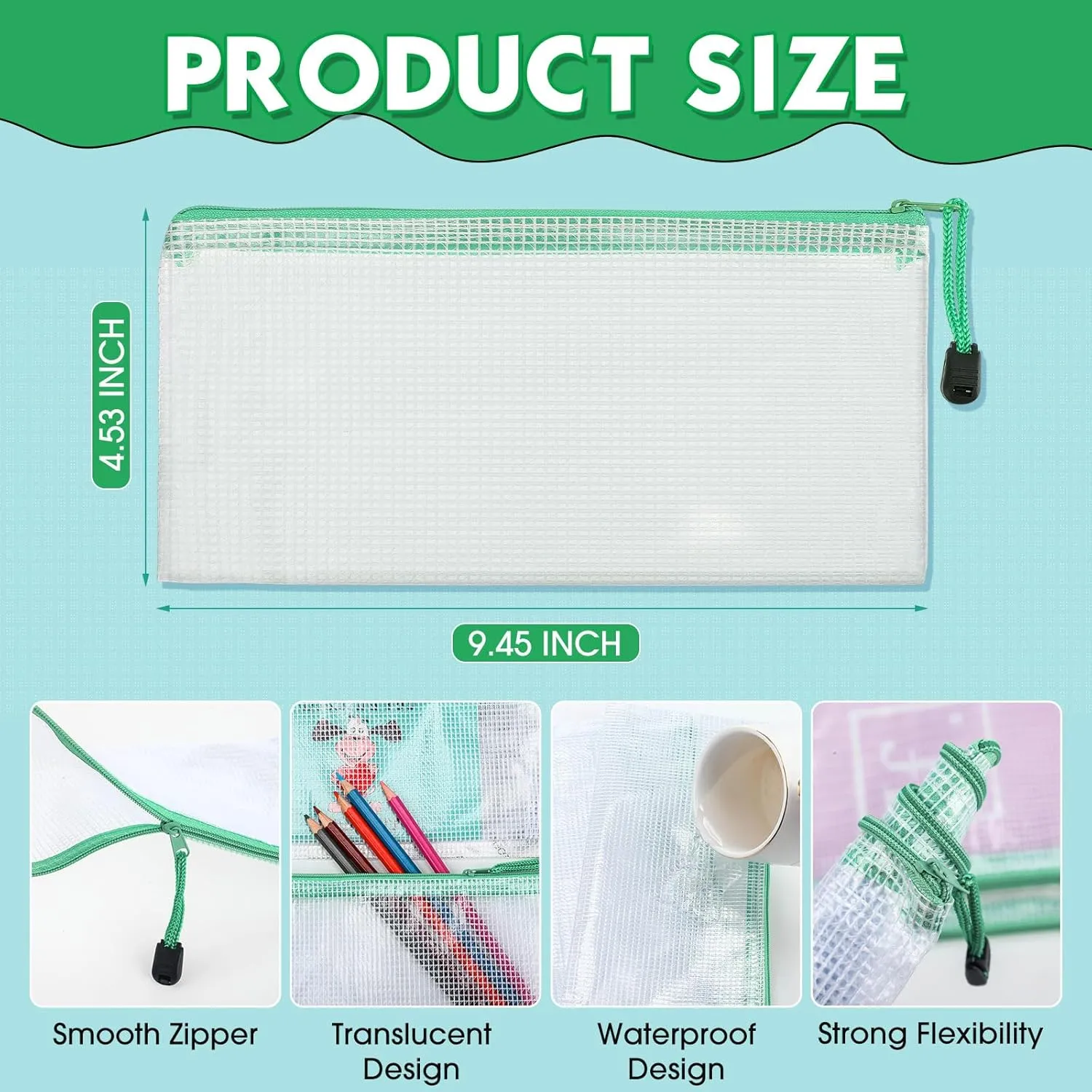 Handepo 100 Pack Mesh Zipper Pouch Pencil Pouches Bulk Clear File Bag Waterproof Document Pouch Multipurpose for Storage Office Travel Puzzle Game(A6/9.45x4.53in,White Pouch Green Zipper)