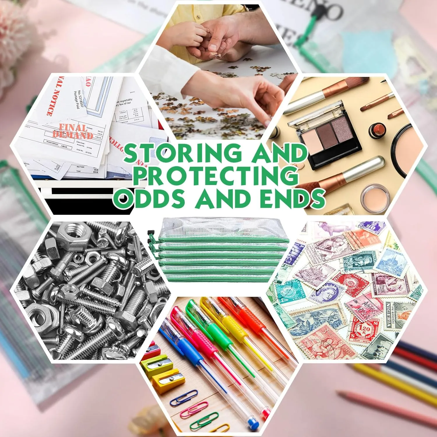 Handepo 100 Pack Mesh Zipper Pouch Pencil Pouches Bulk Clear File Bag Waterproof Document Pouch Multipurpose for Storage Office Travel Puzzle Game(A6/9.45x4.53in,White Pouch Green Zipper)