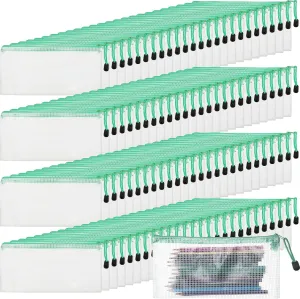 Handepo 100 Pack Mesh Zipper Pouch Pencil Pouches Bulk Clear File Bag Waterproof Document Pouch Multipurpose for Storage Office Travel Puzzle Game(A6/9.45x4.53in,White Pouch Green Zipper)
