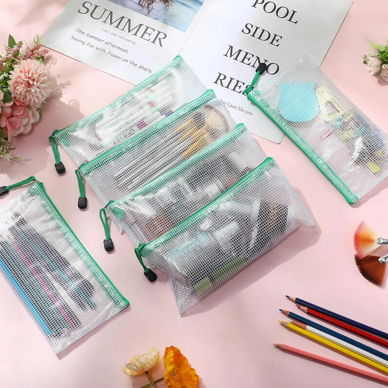 Handepo 100 Pack Mesh Zipper Pouch Pencil Pouches Bulk Clear File Bag Waterproof Document Pouch Multipurpose for Storage Office Travel Puzzle Game(A6/9.45x4.53in,White Pouch Green Zipper)