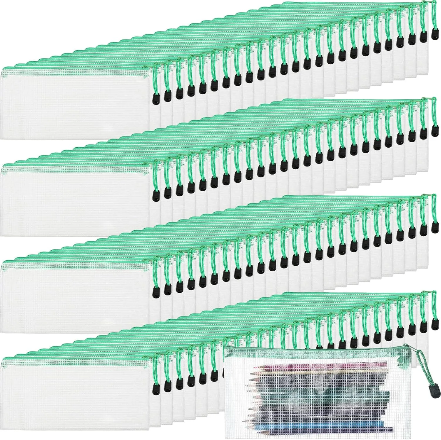 Handepo 100 Pack Mesh Zipper Pouch Pencil Pouches Bulk Clear File Bag Waterproof Document Pouch Multipurpose for Storage Office Travel Puzzle Game(A6/9.45x4.53in,White Pouch Green Zipper)