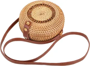 Handmade Rattan Woven Bag Round Retro Crossbody Bags Classic Shoulder Bag Ladies and Girls Party Handbags Wallets