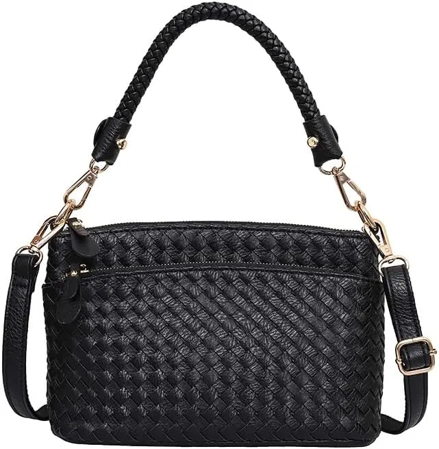 Handwoven PU Leather Handbag, Braided Handle Crossbody Purse, Small Shoulder Bag, Versatile Tote For Work, Party, Shopping.