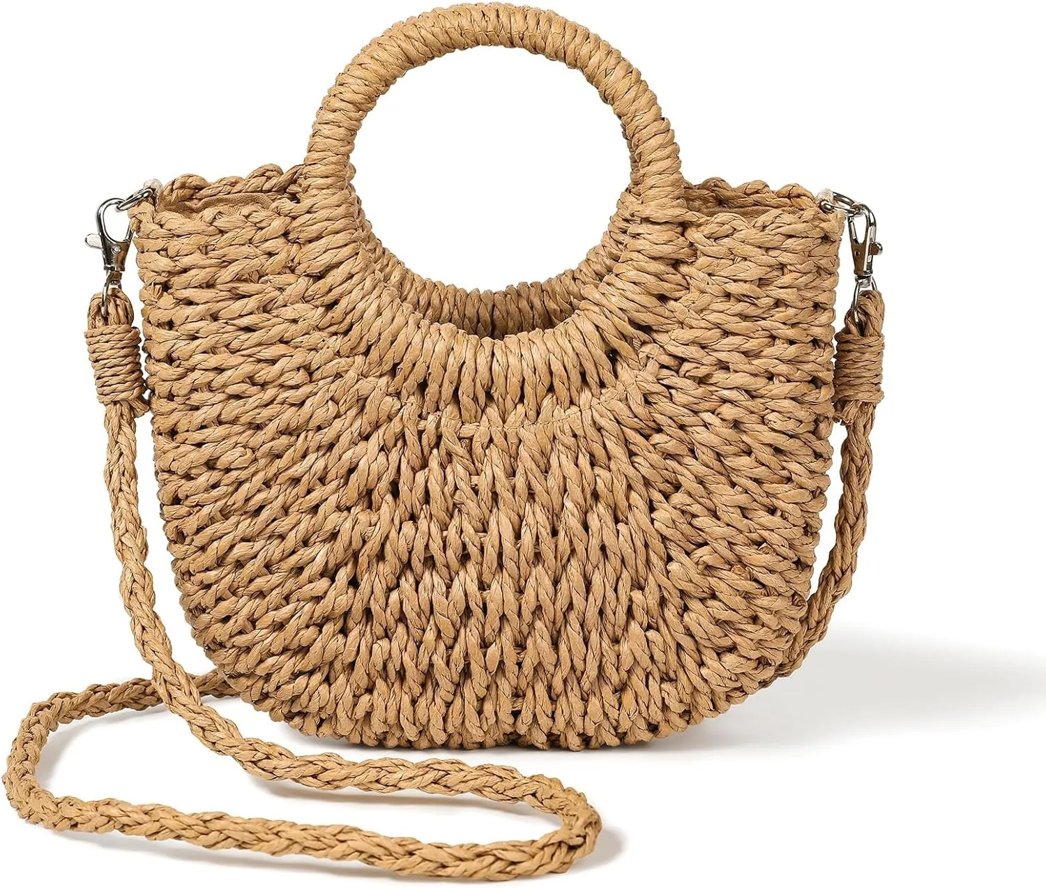 Handwoven Straw Bag Summer Purses for Women Round Half Moon Design Crossbody Woven Purse with Braided Handle for Beach, Party, Vacation