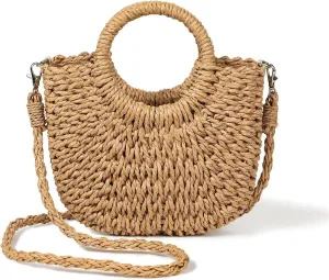 Handwoven Straw Bag Summer Purses for Women Round Half Moon Design Crossbody Woven Purse with Braided Handle for Beach, Party, Vacation