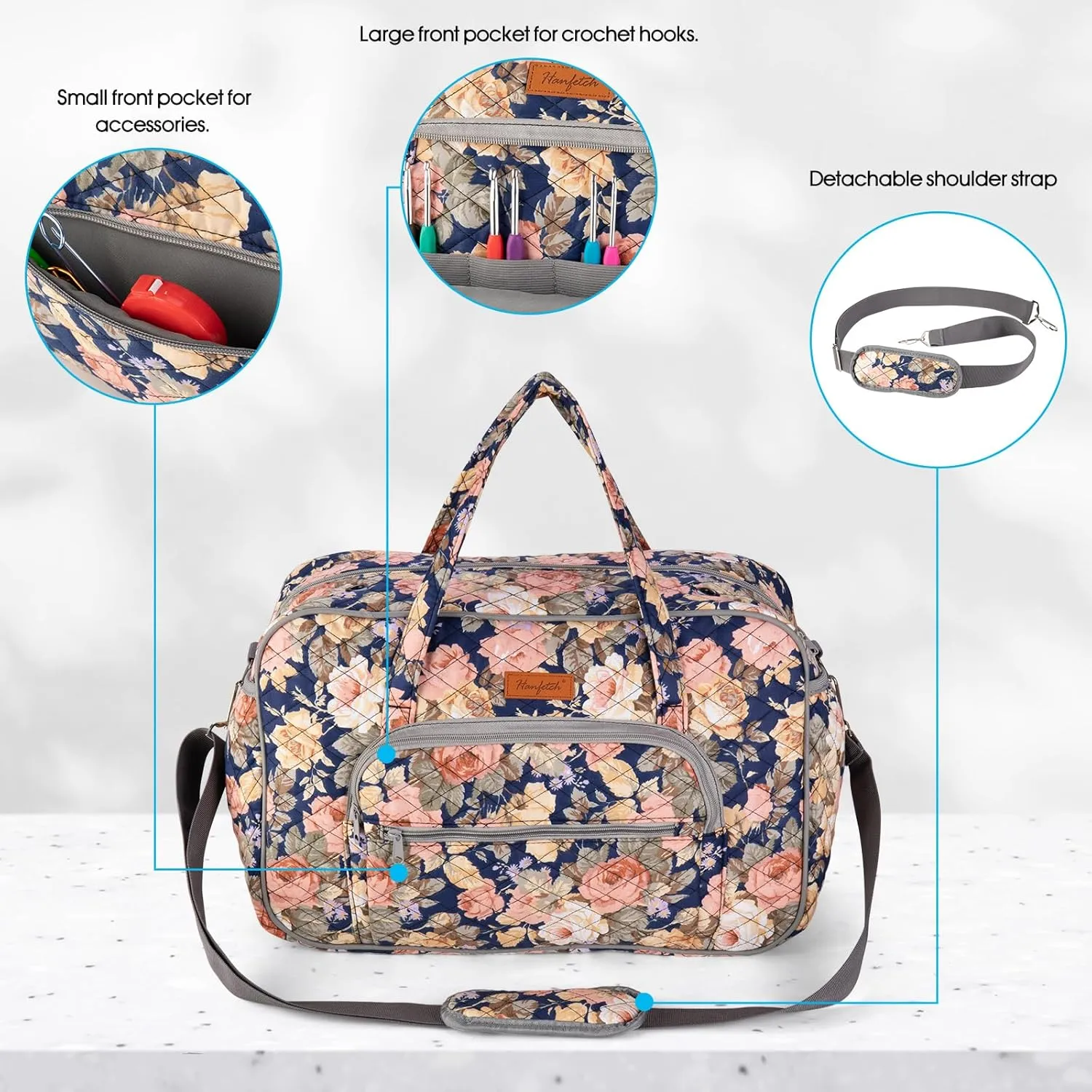 Hanfetch Yarn Storage Organizer, Knitting Crossbody Bag, Large Crochet Tote Bag Yarn Holder Case for Carrying Projects, Knitting Needles, Crochet Hooks and Other Accessories (Peony)
