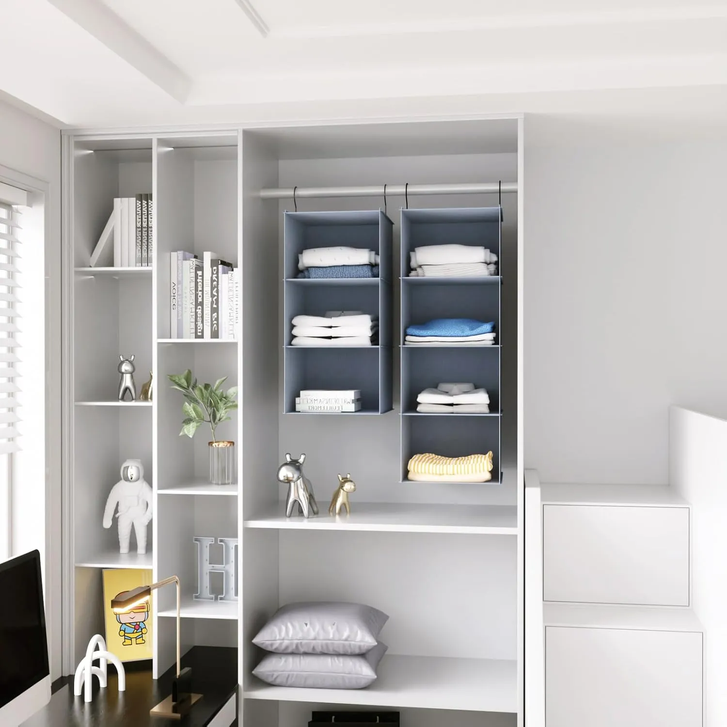 Hanging Closet Organizer and Storage 3-Shelf, Easy Mount Foldable Hanging Closet Wardrobe Storage Shelves, Clothes Handbag Shoes Accessories Storage, Washable Oxford Cloth Fabric, Gray