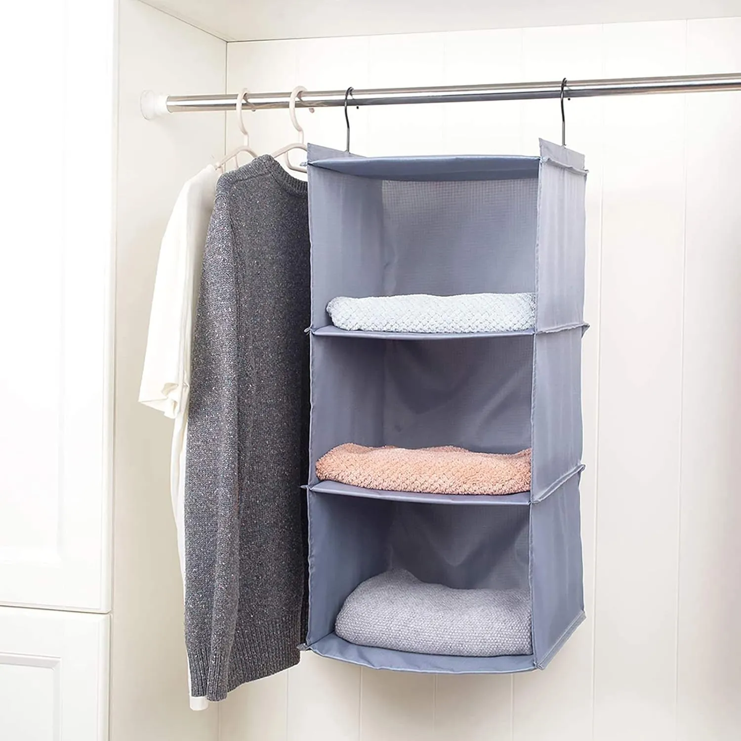Hanging Closet Organizer and Storage 3-Shelf, Easy Mount Foldable Hanging Closet Wardrobe Storage Shelves, Clothes Handbag Shoes Accessories Storage, Washable Oxford Cloth Fabric, Gray