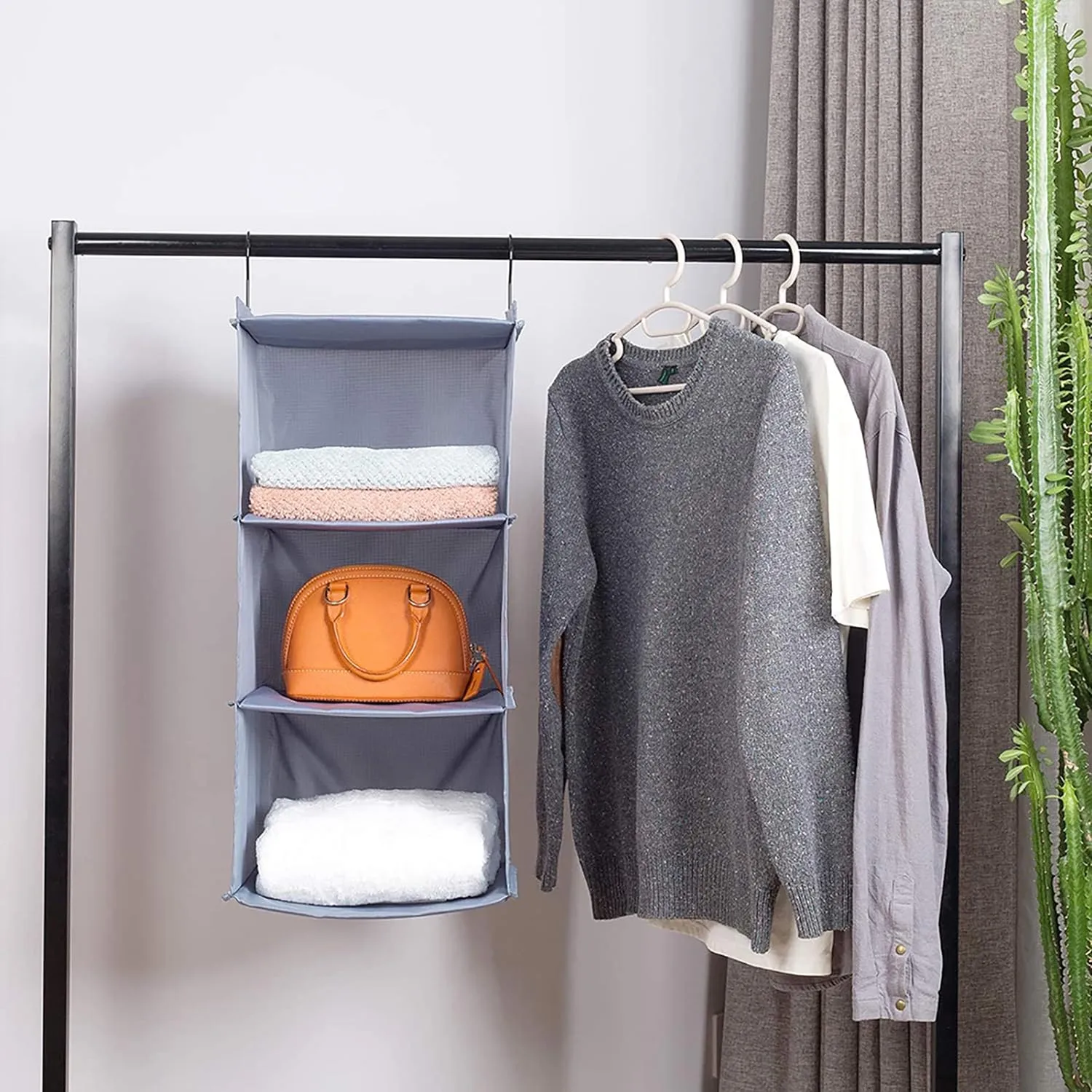 Hanging Closet Organizer and Storage 3-Shelf, Easy Mount Foldable Hanging Closet Wardrobe Storage Shelves, Clothes Handbag Shoes Accessories Storage, Washable Oxford Cloth Fabric, Gray