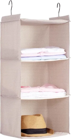 Hanging Closet Organizer, Easy Mount Foldable 3-Shelf Hanging Closet Wardrobe Storage Shelves, Clothes Handbag Shoes Accessories Storage, Houndstooth Imitation Linen Fabric, Beige
