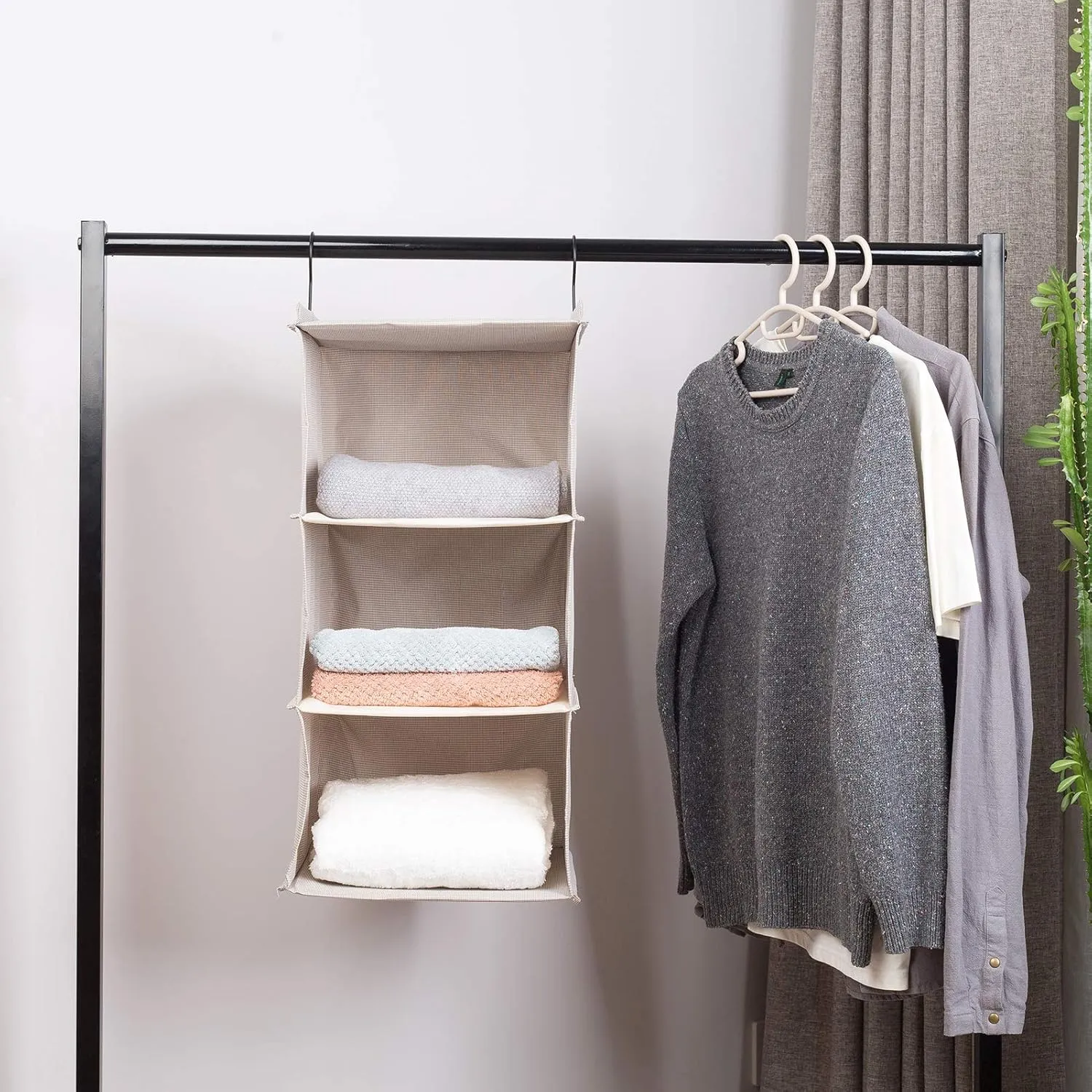 Hanging Closet Organizer, Easy Mount Foldable 3-Shelf Hanging Closet Wardrobe Storage Shelves, Clothes Handbag Shoes Accessories Storage, Houndstooth Imitation Linen Fabric, Beige