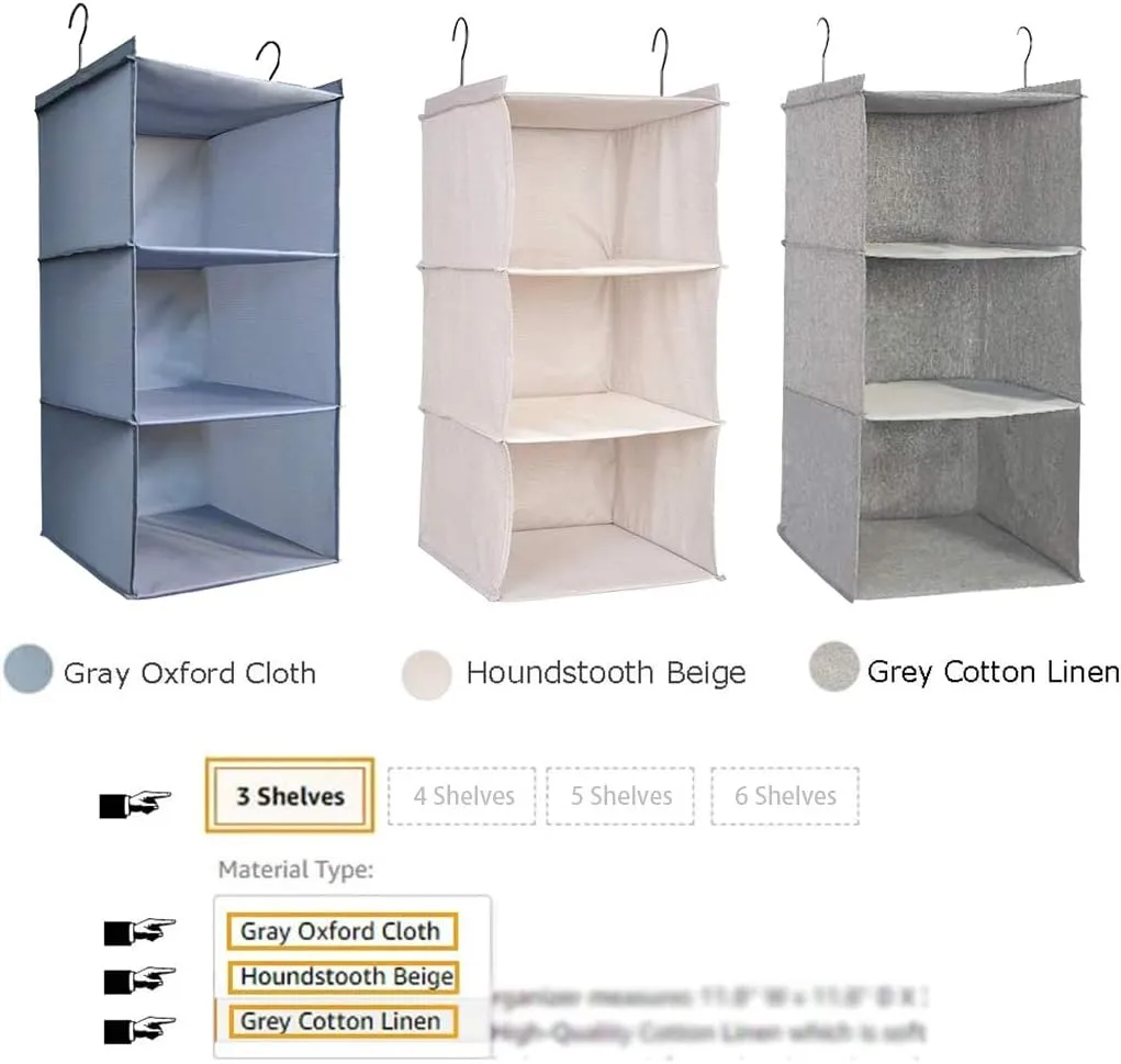 Hanging Closet Organizer, Easy Mount Foldable 3-Shelf Hanging Closet Wardrobe Storage Shelves, Clothes Handbag Shoes Accessories Storage, Houndstooth Imitation Linen Fabric, Beige
