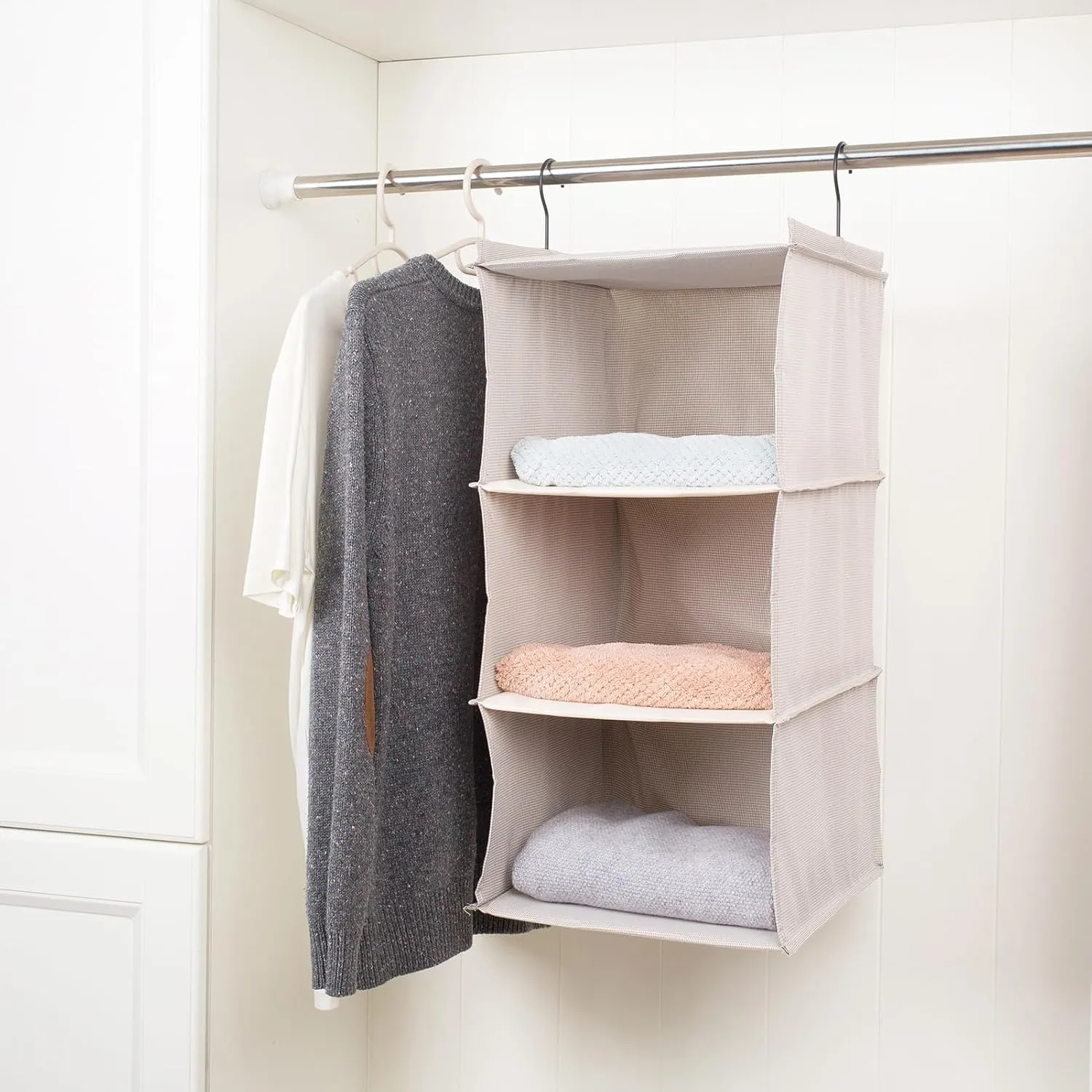 Hanging Closet Organizer, Easy Mount Foldable 3-Shelf Hanging Closet Wardrobe Storage Shelves, Clothes Handbag Shoes Accessories Storage, Houndstooth Imitation Linen Fabric, Beige