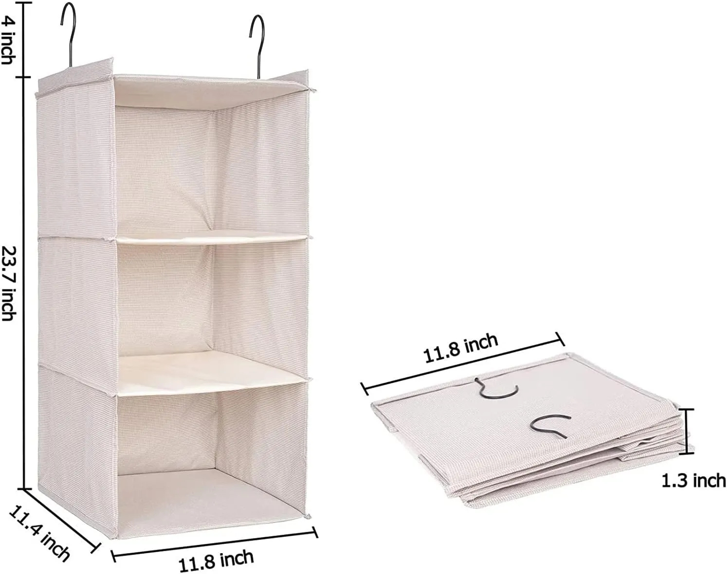 Hanging Closet Organizer, Easy Mount Foldable 3-Shelf Hanging Closet Wardrobe Storage Shelves, Clothes Handbag Shoes Accessories Storage, Houndstooth Imitation Linen Fabric, Beige
