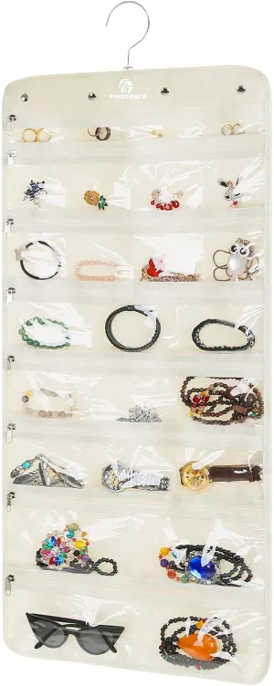 Hanging Jewelry Organizer Revolving Hanger - Secure Zipper Closure - 25 Pockets,23 Hooks - Foldable Storage & Display Solution - For All Jewelry & Bijoux (Beige)