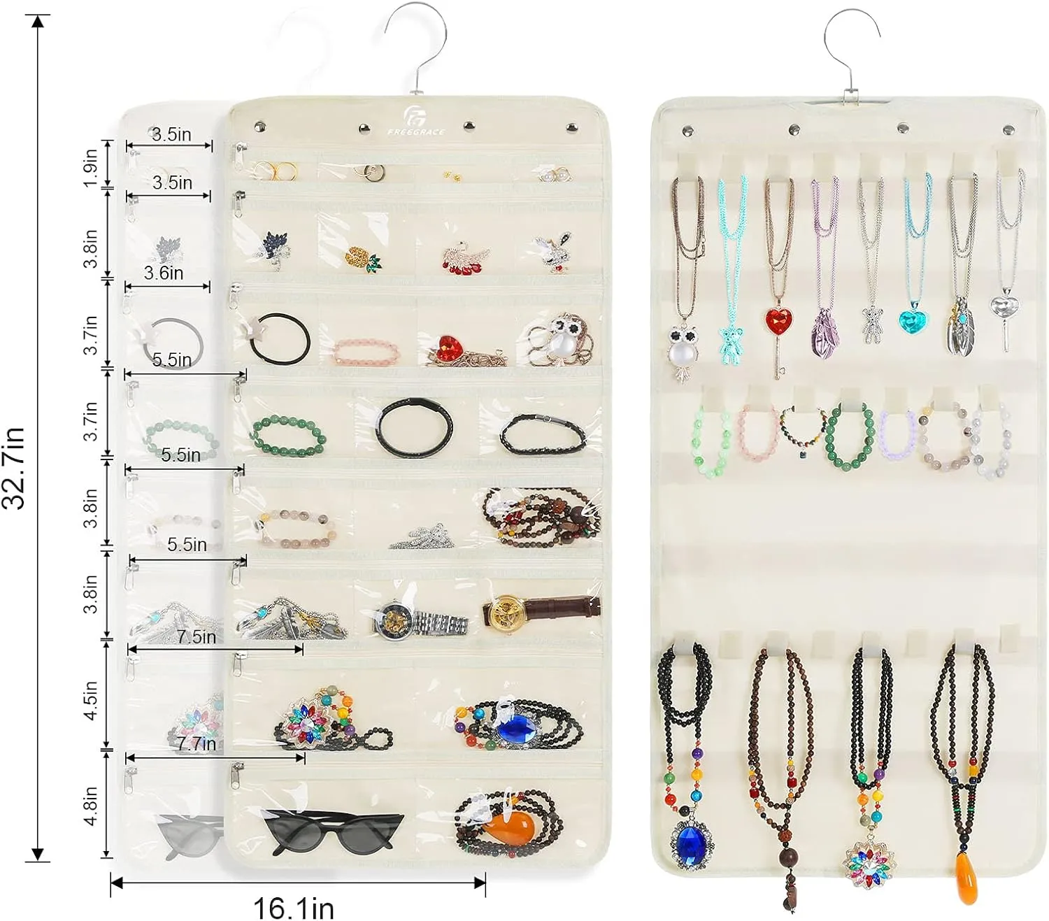 Hanging Jewelry Organizer Revolving Hanger - Secure Zipper Closure - 25 Pockets,23 Hooks - Foldable Storage & Display Solution - For All Jewelry & Bijoux (Beige)