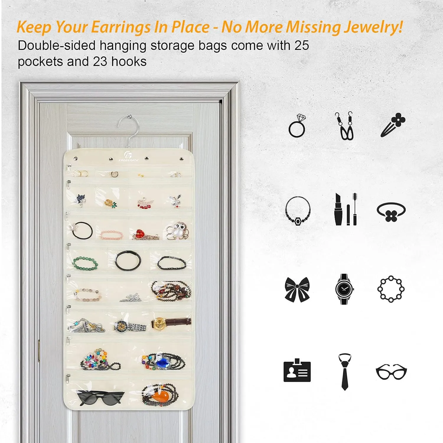 Hanging Jewelry Organizer Revolving Hanger - Secure Zipper Closure - 25 Pockets,23 Hooks - Foldable Storage & Display Solution - For All Jewelry & Bijoux (Beige)