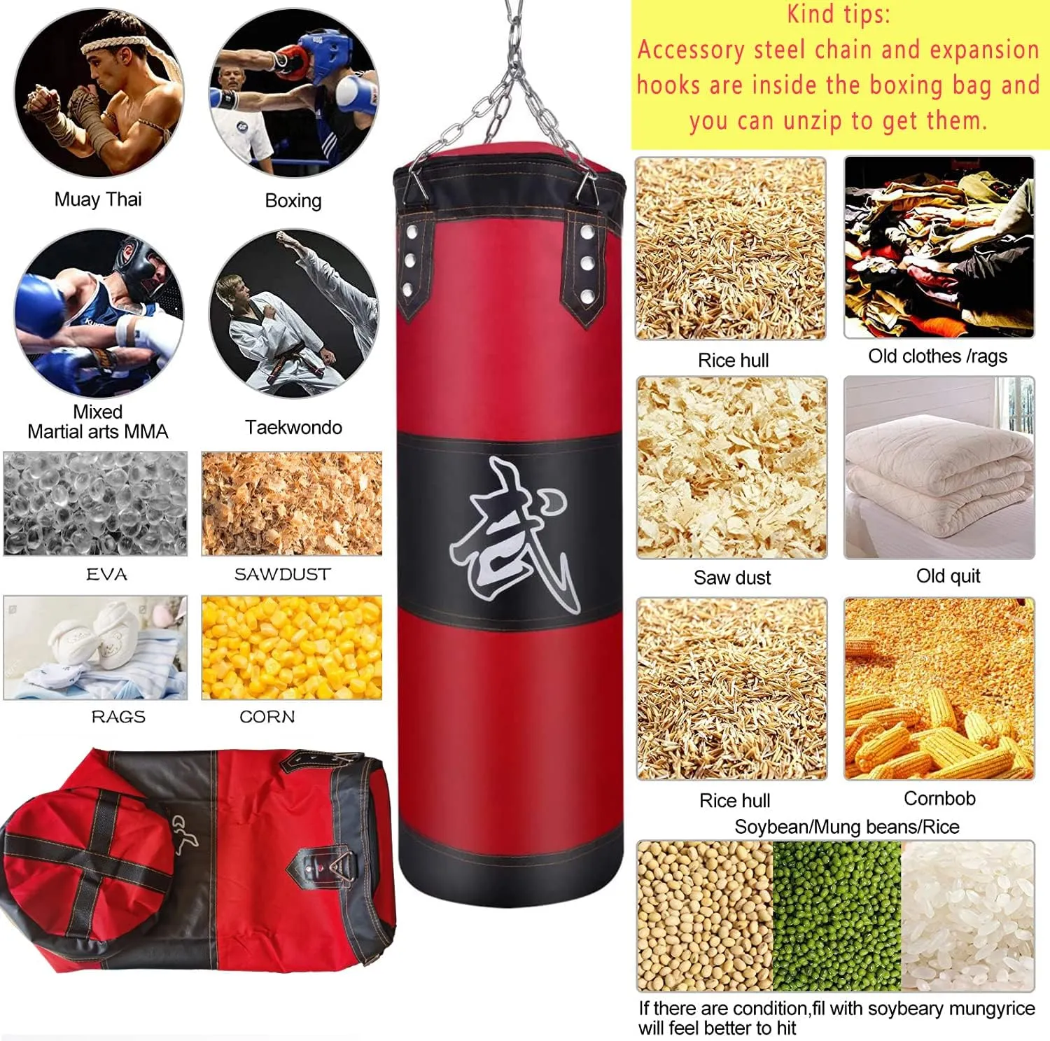 Hanging Punching Bag Set Unfilled, Heavy Boxing Bags Kickboxing Bag for Adults Kids, Youth Boxing Set with Hand Wraps, Punching Bag Hangers, for MMA Muay Thai Karate Taekwondo Training