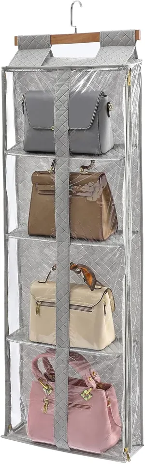 Hanging Purse Handbag Organizer with Zippers,4 Grids Visible Fully Enclosed Purse Organizer for Closet,Over the Door Handbag Storage Organizer,Hanging Closet Organizer for Purse,Bag