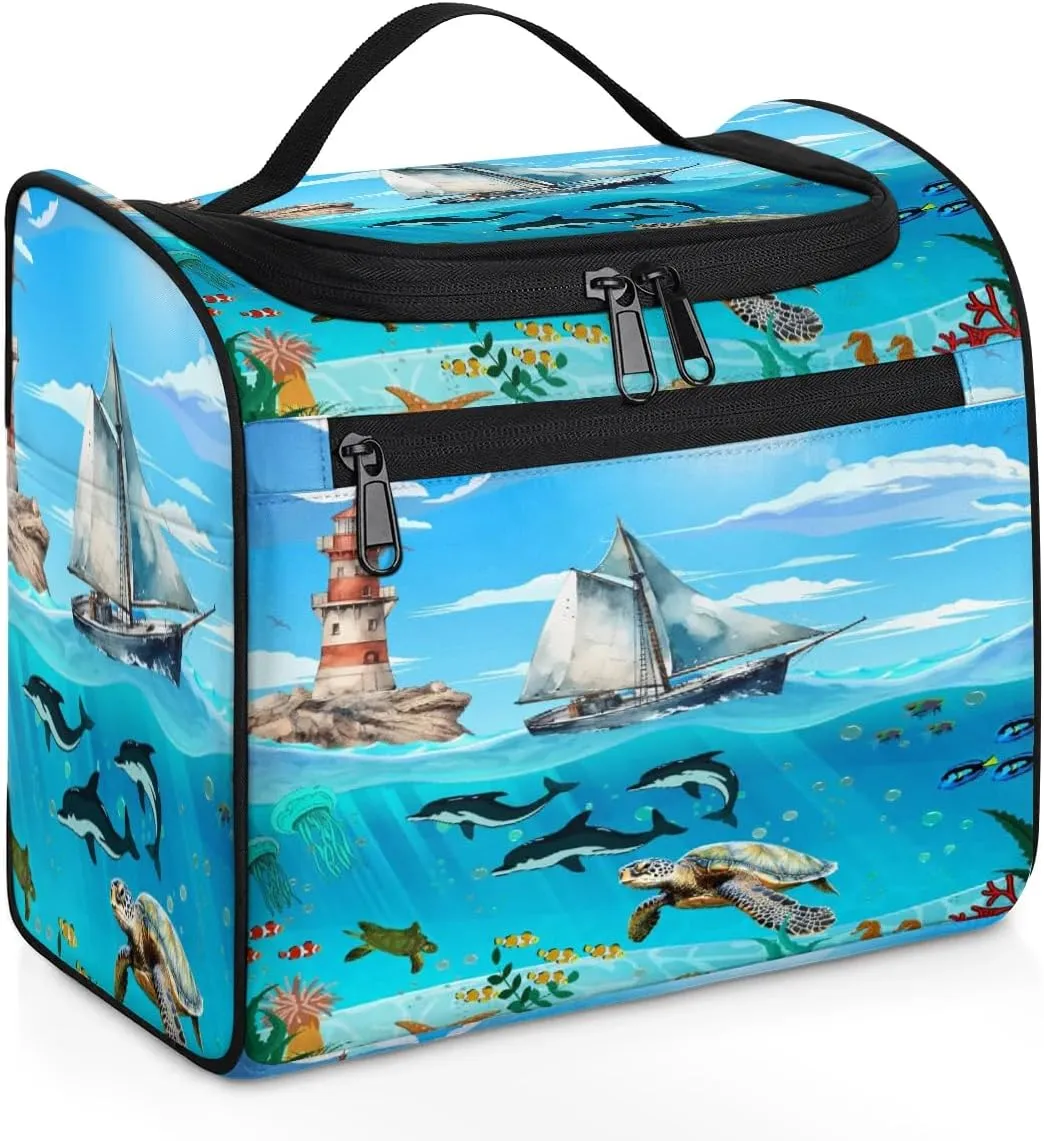 Hanging Travel Toiletry Bag for Women Men Makeup Bag Organizer Blue Cute Sea Nautical Starfish Turtle Dolphin Large Cosmetic Bag Waterproof Dopp Kit Travel Bag for Toiletries Accessories Essentials