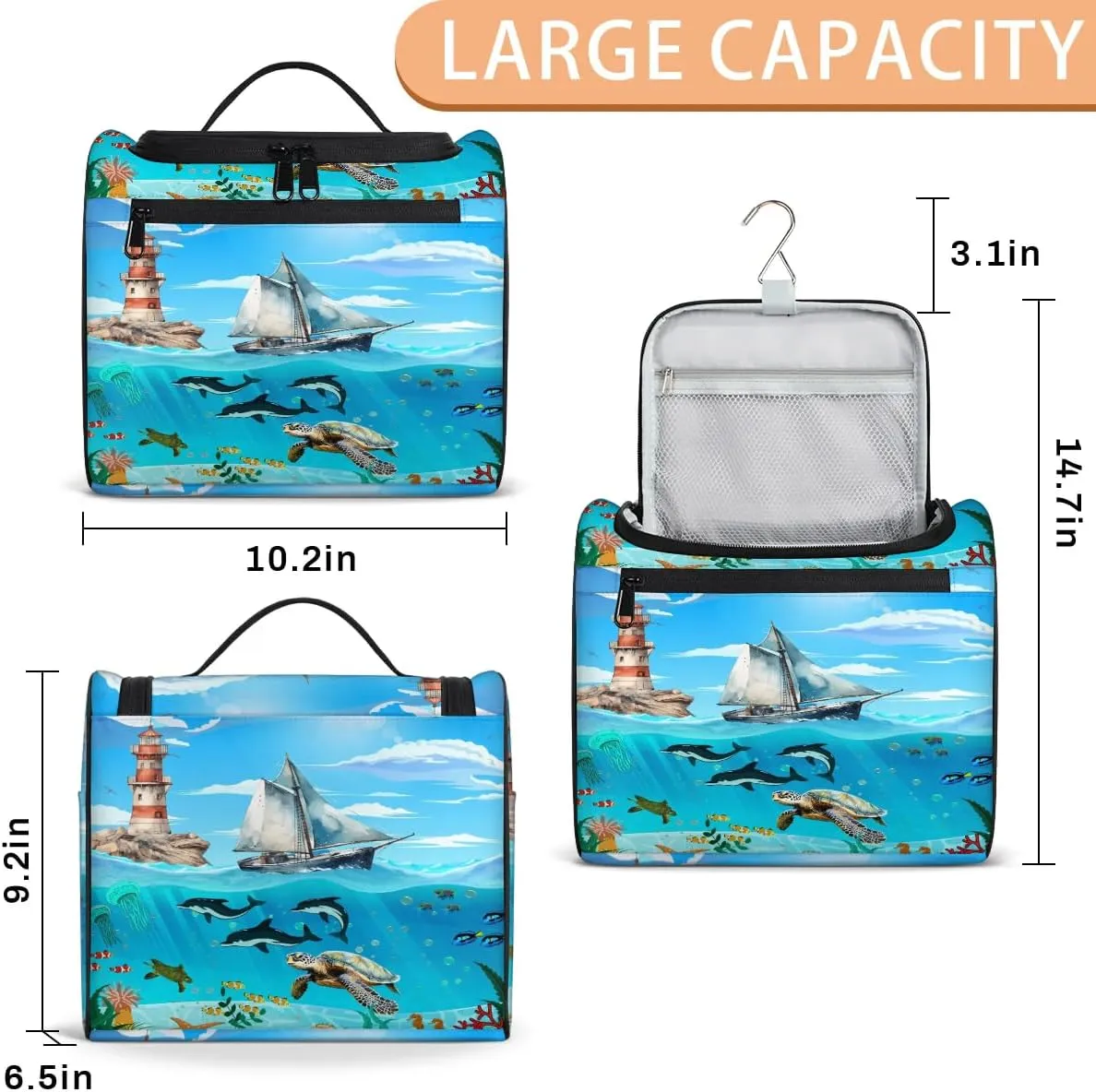 Hanging Travel Toiletry Bag for Women Men Makeup Bag Organizer Blue Cute Sea Nautical Starfish Turtle Dolphin Large Cosmetic Bag Waterproof Dopp Kit Travel Bag for Toiletries Accessories Essentials