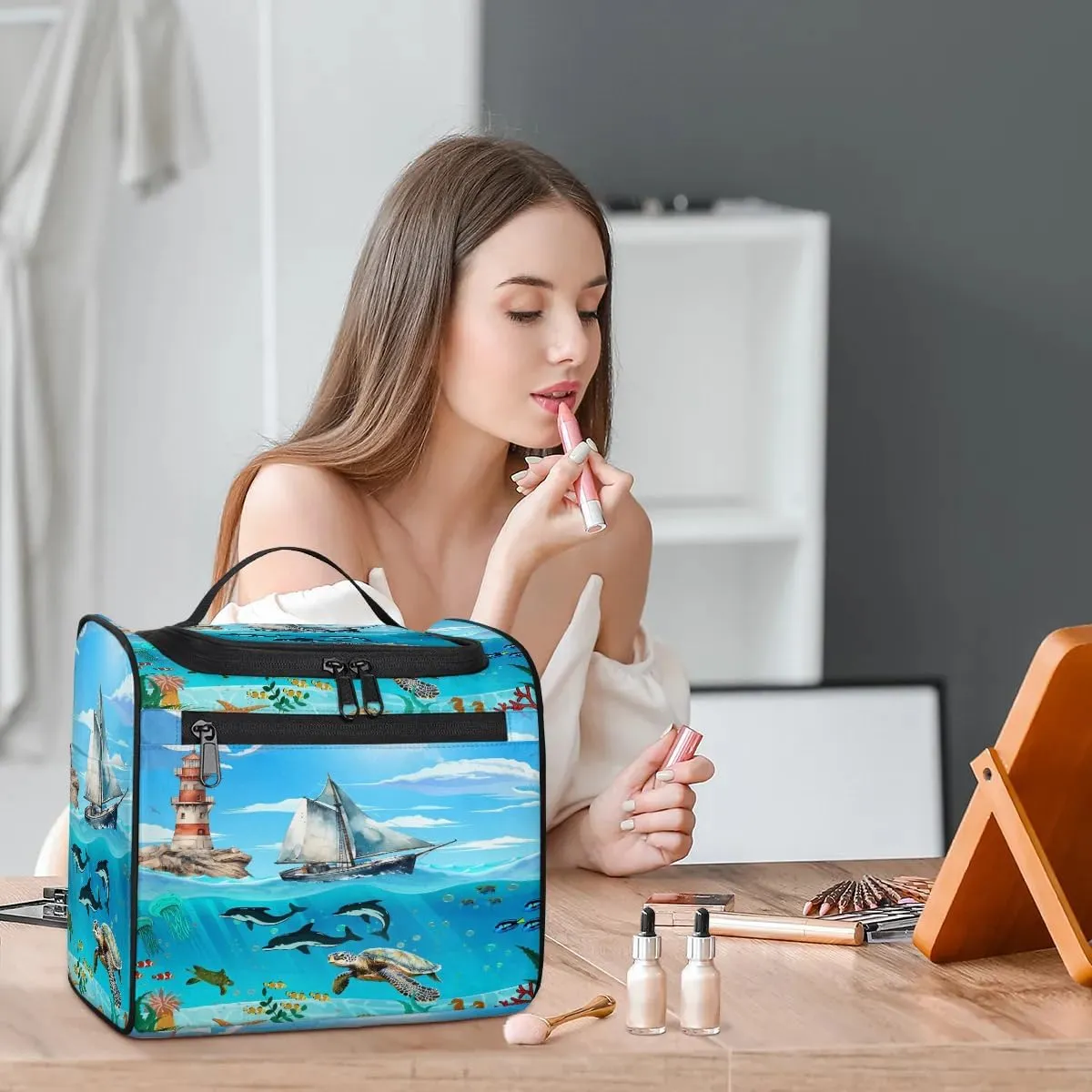 Hanging Travel Toiletry Bag for Women Men Makeup Bag Organizer Blue Cute Sea Nautical Starfish Turtle Dolphin Large Cosmetic Bag Waterproof Dopp Kit Travel Bag for Toiletries Accessories Essentials