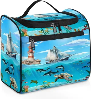 Hanging Travel Toiletry Bag for Women Men Makeup Bag Organizer Blue Cute Sea Nautical Starfish Turtle Dolphin Large Cosmetic Bag Waterproof Dopp Kit Travel Bag for Toiletries Accessories Essentials