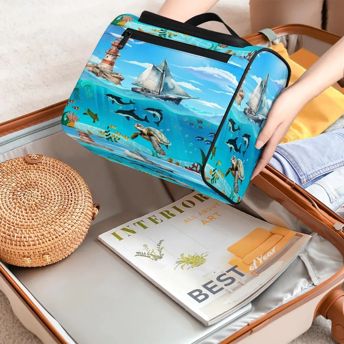 Hanging Travel Toiletry Bag for Women Men Makeup Bag Organizer Blue Cute Sea Nautical Starfish Turtle Dolphin Large Cosmetic Bag Waterproof Dopp Kit Travel Bag for Toiletries Accessories Essentials