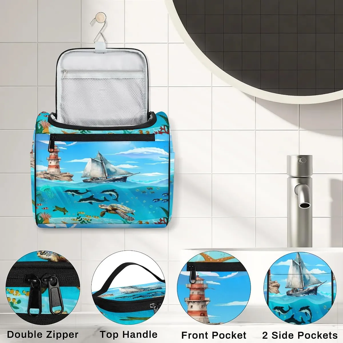 Hanging Travel Toiletry Bag for Women Men Makeup Bag Organizer Blue Cute Sea Nautical Starfish Turtle Dolphin Large Cosmetic Bag Waterproof Dopp Kit Travel Bag for Toiletries Accessories Essentials