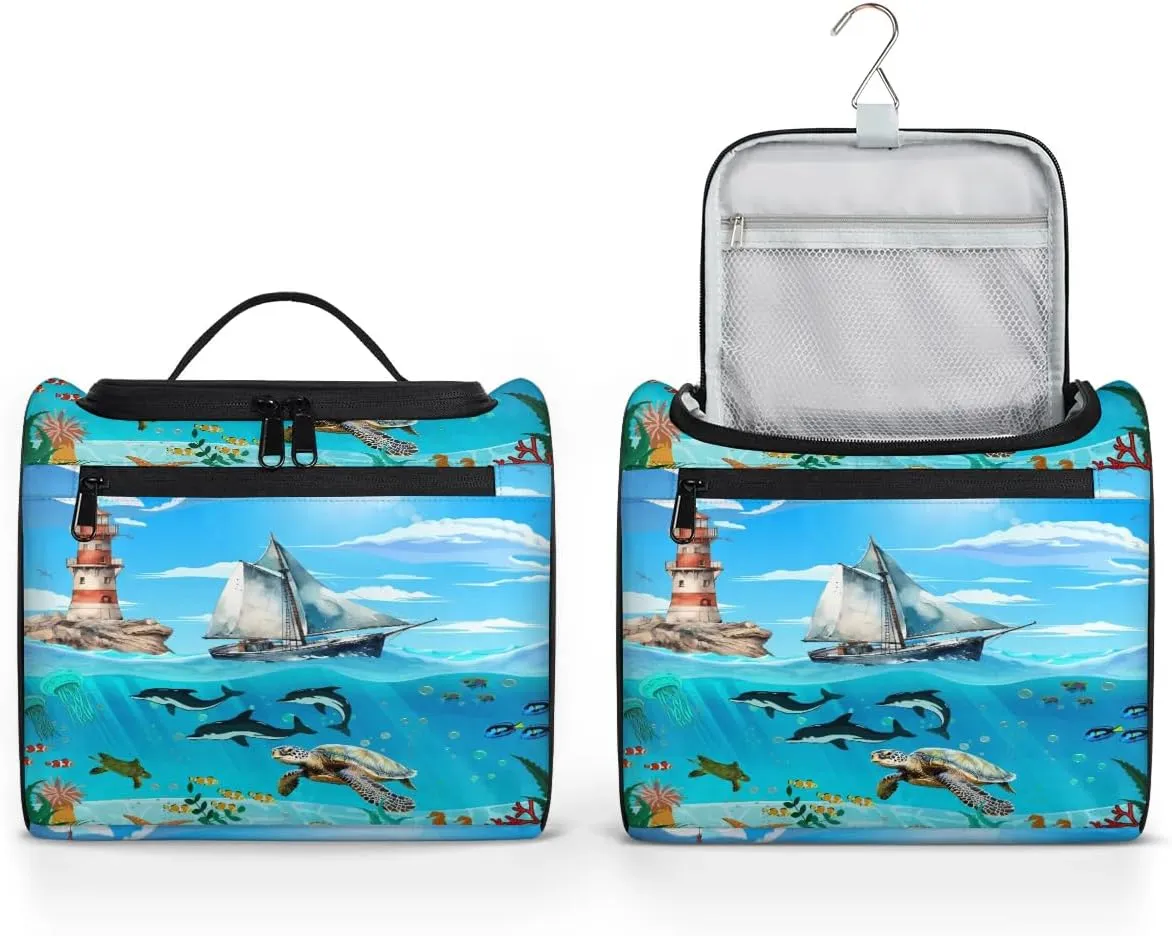 Hanging Travel Toiletry Bag for Women Men Makeup Bag Organizer Blue Cute Sea Nautical Starfish Turtle Dolphin Large Cosmetic Bag Waterproof Dopp Kit Travel Bag for Toiletries Accessories Essentials