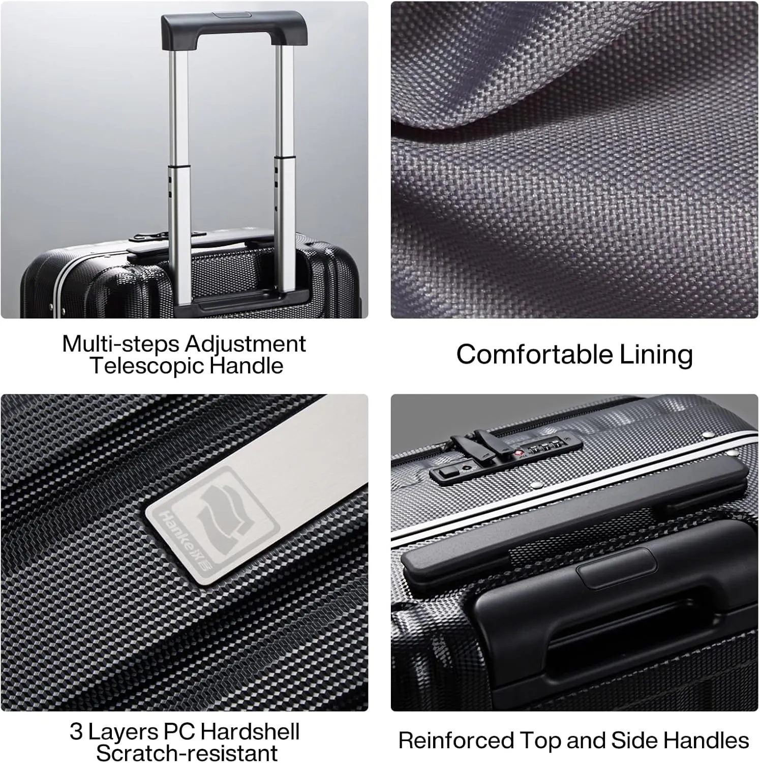 Hanke 20 Inch Carry On Luggage Hard Shell Suitcases with Wheels Luggage Suitcase Travel Luggage for Women Men Rolling Luggage Bags for Business Trip Weekender-Black