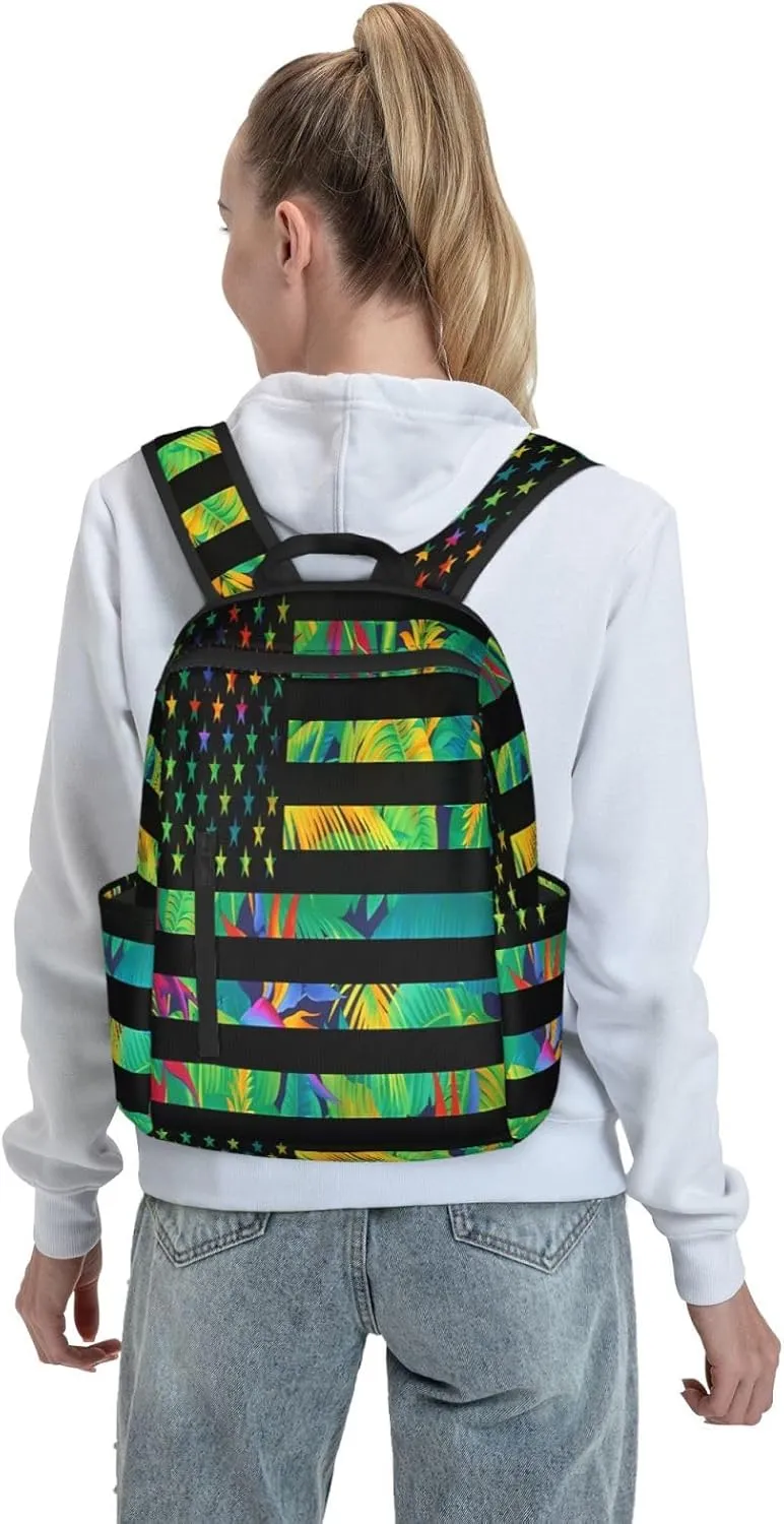Hawaiian American Flag Green Leaves Casual Backpacks Laptop Backpack Outdoor Travel Rucksack Sport Carry-On Daypack Lightweight Bag with Multi-Pockets