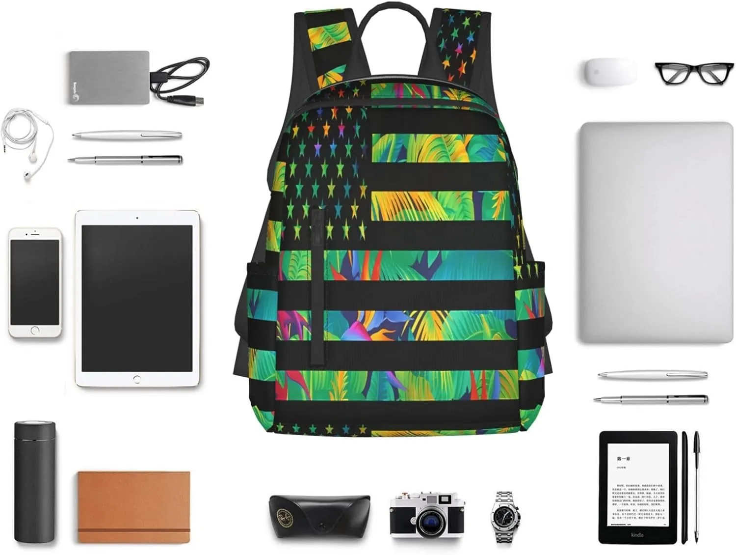 Hawaiian American Flag Green Leaves Casual Backpacks Laptop Backpack Outdoor Travel Rucksack Sport Carry-On Daypack Lightweight Bag with Multi-Pockets