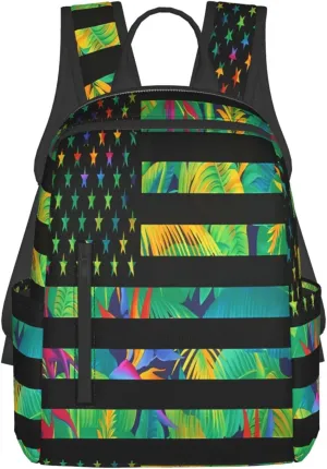 Hawaiian American Flag Green Leaves Casual Backpacks Laptop Backpack Outdoor Travel Rucksack Sport Carry-On Daypack Lightweight Bag with Multi-Pockets