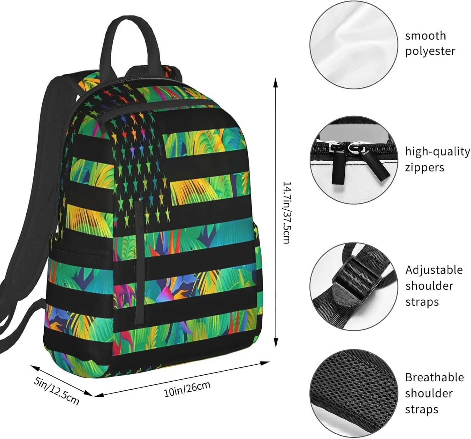 Hawaiian American Flag Green Leaves Casual Backpacks Laptop Backpack Outdoor Travel Rucksack Sport Carry-On Daypack Lightweight Bag with Multi-Pockets