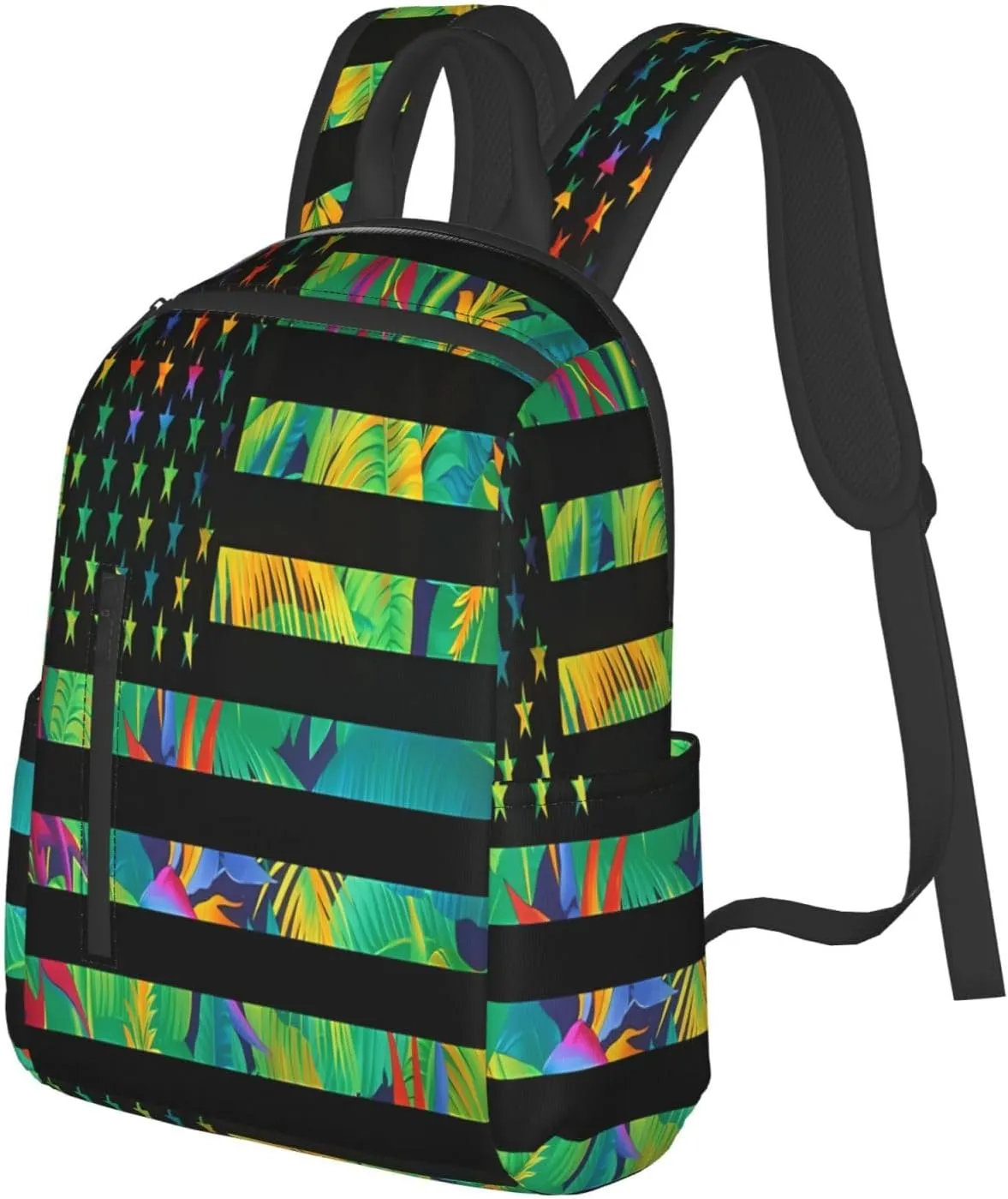 Hawaiian American Flag Green Leaves Casual Backpacks Laptop Backpack Outdoor Travel Rucksack Sport Carry-On Daypack Lightweight Bag with Multi-Pockets