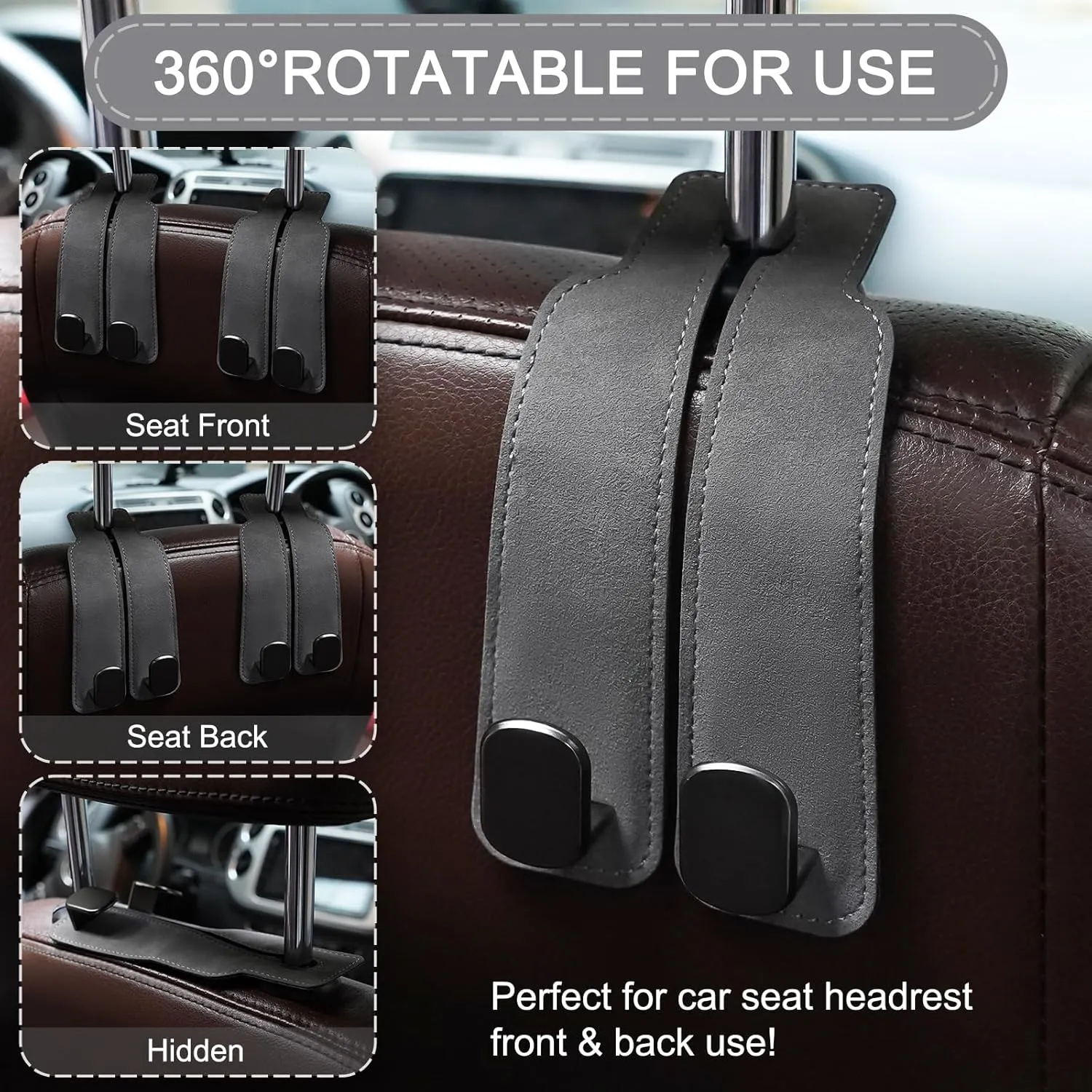 Headrest Hooks, 2 Pcs Seat Storage Hanger for Purses Bags, Stylish Double Seat Organizer Hooks for Handbag Coat Umbrellas, Car Inside Accessories, Gray