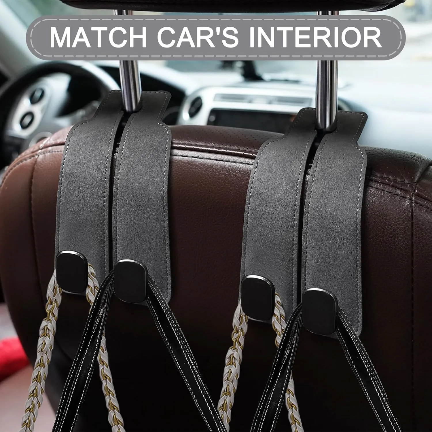 Headrest Hooks, 2 Pcs Seat Storage Hanger for Purses Bags, Stylish Double Seat Organizer Hooks for Handbag Coat Umbrellas, Car Inside Accessories, Gray