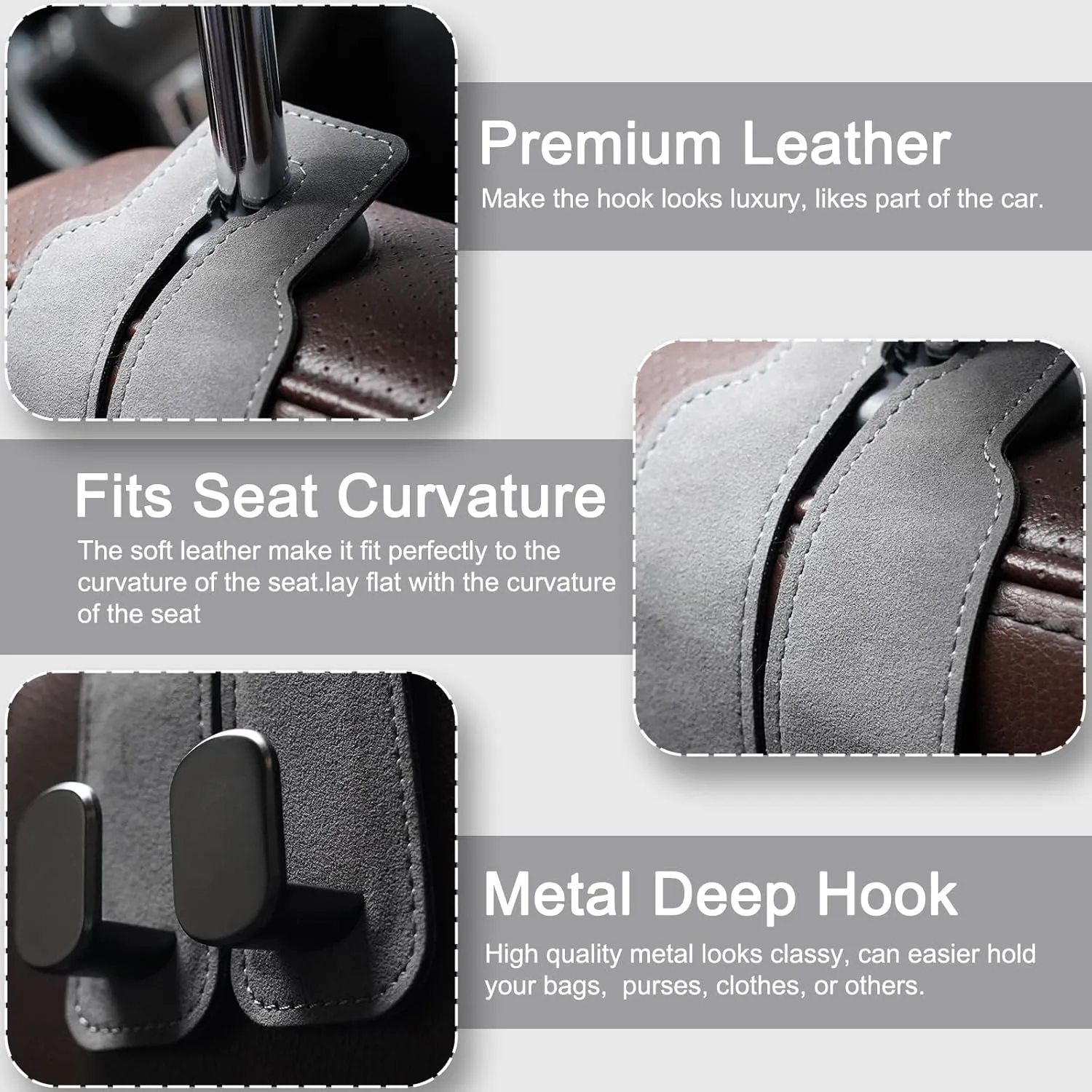 Headrest Hooks, 2 Pcs Seat Storage Hanger for Purses Bags, Stylish Double Seat Organizer Hooks for Handbag Coat Umbrellas, Car Inside Accessories, Gray