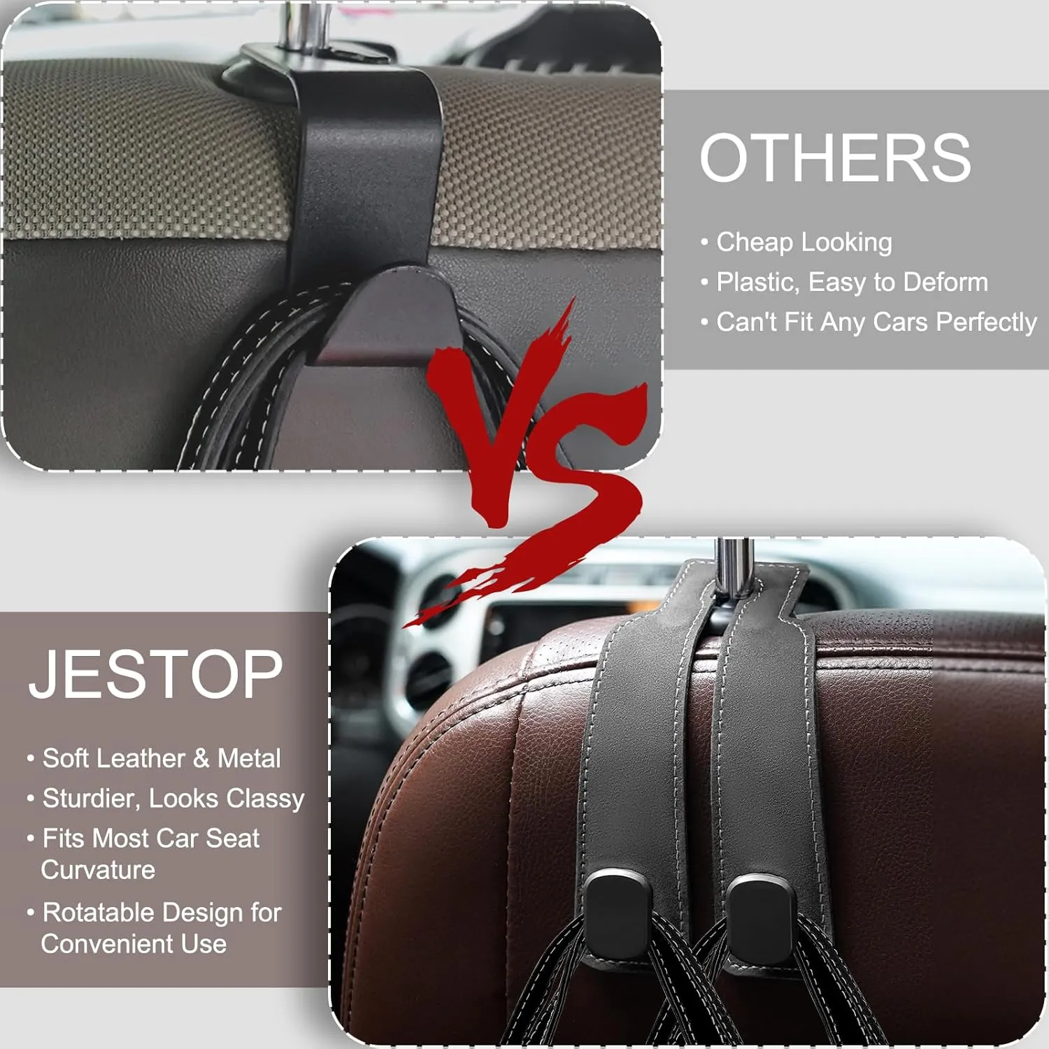 Headrest Hooks, 2 Pcs Seat Storage Hanger for Purses Bags, Stylish Double Seat Organizer Hooks for Handbag Coat Umbrellas, Car Inside Accessories, Gray