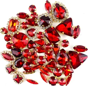 Heyiwell Sew On Rhinestones 50PC Mix Shapes Flatback Sew On Glass Rhinestone Sewing Gold Claw Crystal Rhinestone for Bridal Wedding Dress Decor,Bags, Shoes,DIY Crafts,Red